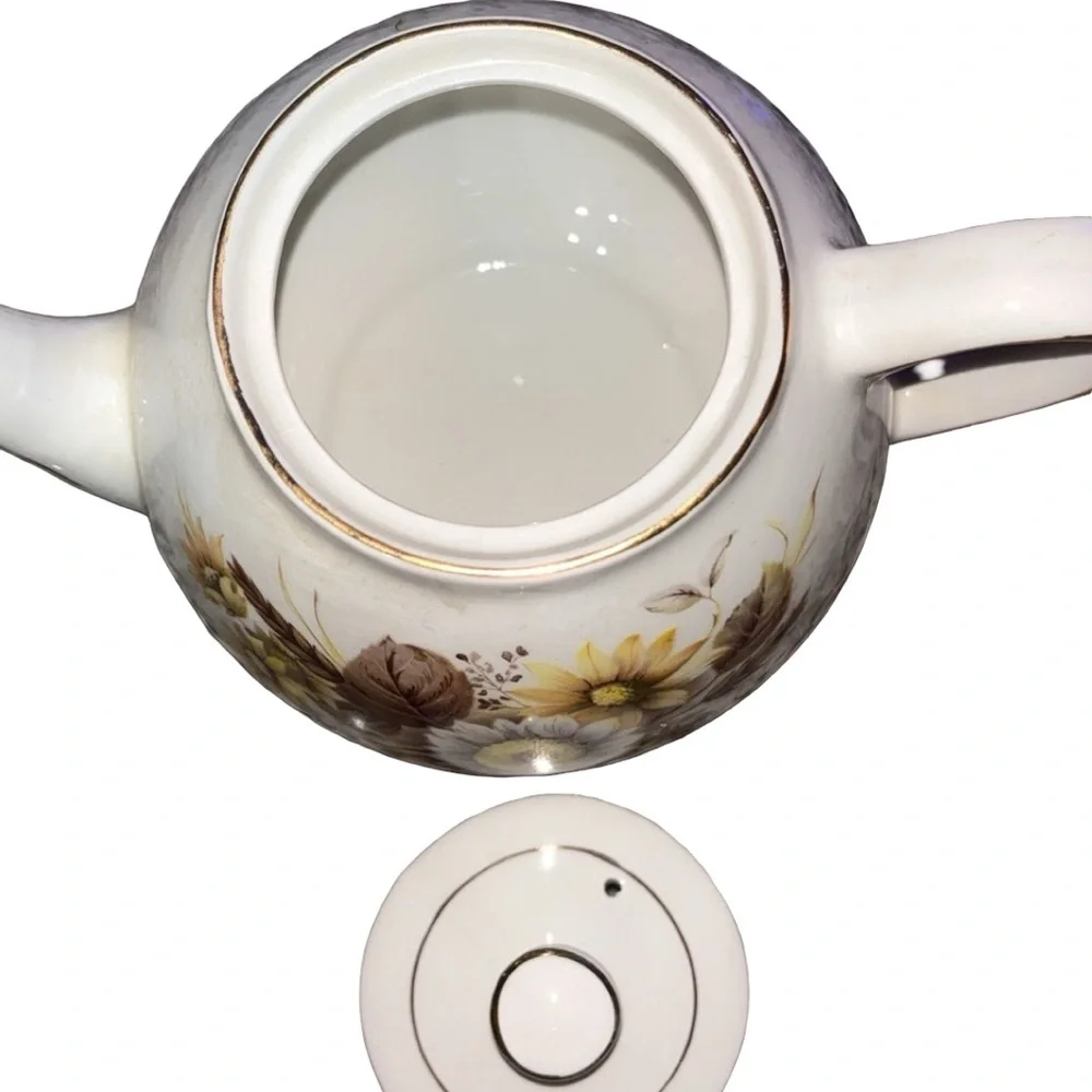 Vintage Wood & Sons‎ Teapot Flowers Sunflower White Gold Trim 8”